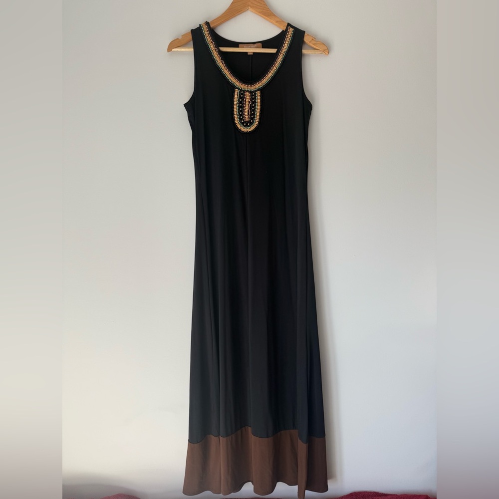 Ellen Tracy Black Stretchy Maxi Dress with Beaded Detail